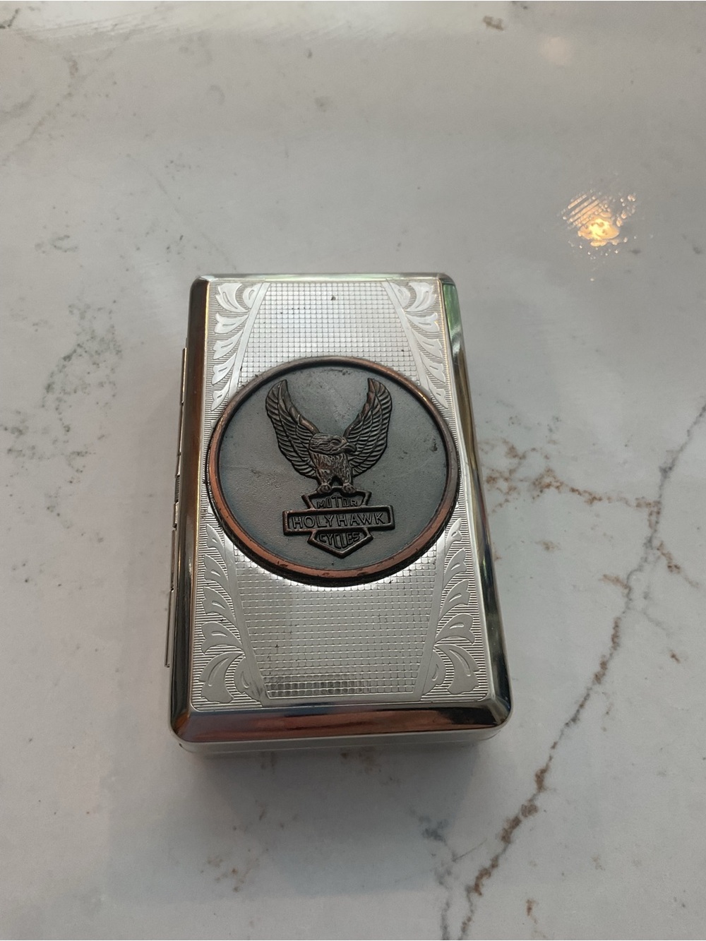 Holy Hawk Silver Metal tobacco Case W/ Eagle Emblem